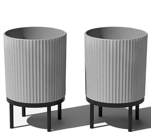 Veradek Demi Series Round Planter w/Stand for Porch/Patio | Durable Plastic-Stone Composite & Wooden Stand | Modern Décor for Tall Plants, Flowers