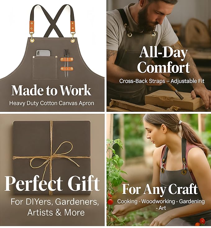 Heavy-Duty Canvas Tool Apron – Adjustable Cross-Back Work Apron with Pockets for Woodworking, Gardening & Crafts