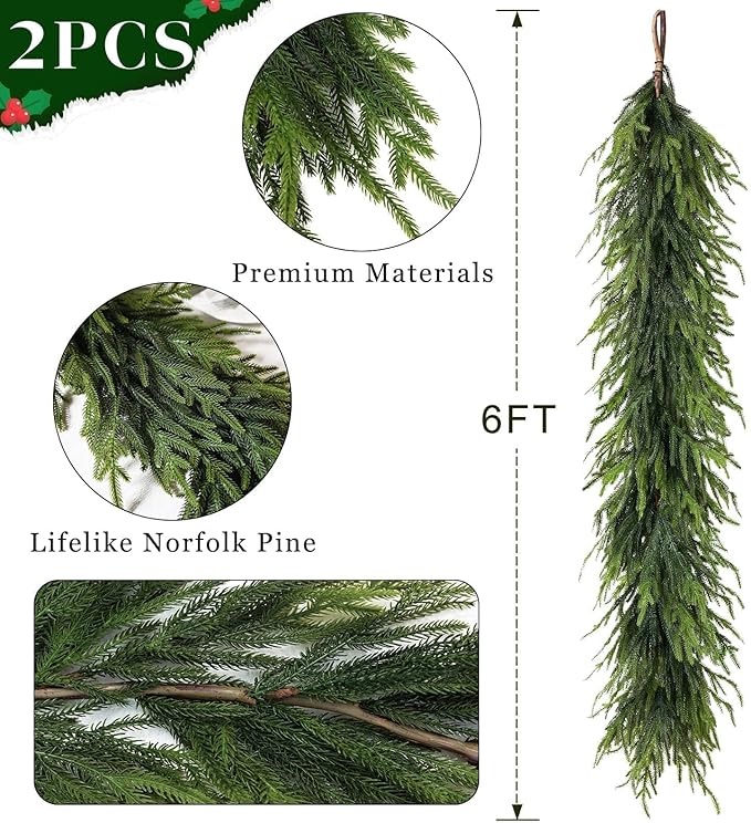 6FT Christmas Artificial Norfolk Pine Garland for Fireplace - Realistic Faux Greenery Fake Garland for Holiday,Table, Window,Mantel,Stairs, Home,Indoor Outdoor Decor (2PCS)