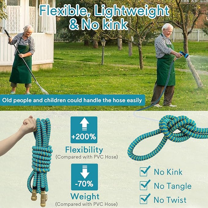 50 ft Flexible Garden Hose, Ultra Lightweight Kink Free Water Hose 50ft with 10 Pattern Spray Nozzle, Leak-Proof Solid Brass Fittings, High-Density Outer Fabric & Enhanced Durable Inner Core