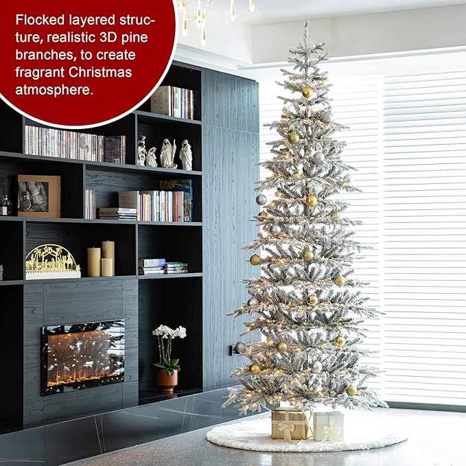 Glitzhome 10ft Deluxe Pre-Lit Flocked Artificial Christmas Tree, Majestic Frostfall Fir Hinged Holiday Xmas Tree with 700 Warm White Lights, Three Function, Easy Assembly