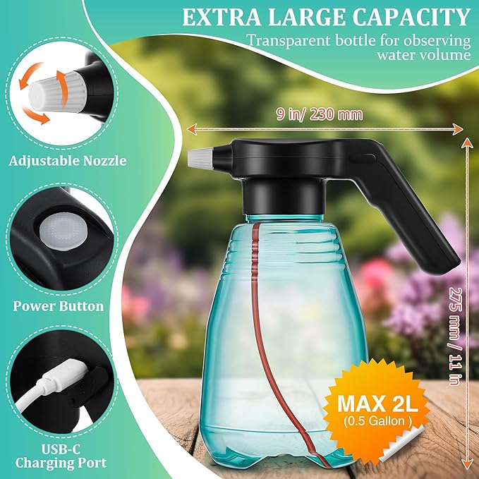 Electric Spray Bottle Plant Mister for Indoor Outdoor Plants, 0.5 Gallon Automatic Watering Can Rechargeable Battery Powered Sprayer with Adjustable Spout for Gardening, Fertilizing, Cleaning