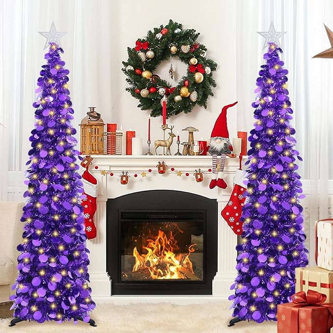 HMASYO 5 FT Pop Up Christmas Tree with Timer Lights, Purple Christmas Tinsel Tree, Collapsible Artificial Pencil Christmas Tree for Indoor Home Apartment Porch Holiday Party Decorations