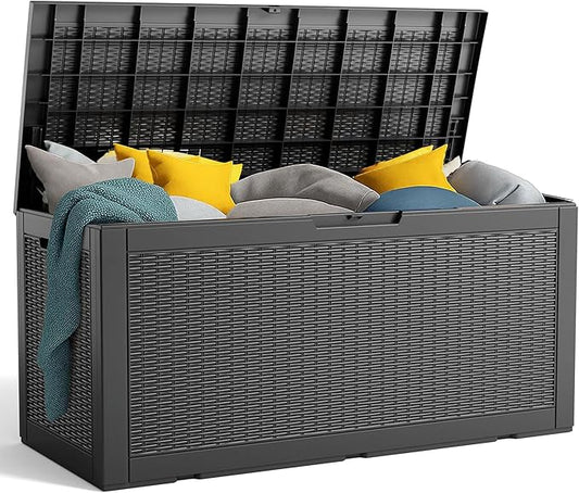 100 Gallon Resin Deck Box, Lockable Patio Outdoor Storage Box for Furniture, Garden Tools and Tools Storage, Waterproof Outside Storage Boxes - Black