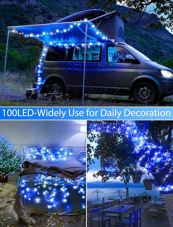 33FT 100 LEDs String Lights Waterproof Fairy Lights 8 Modes with Memory 30V UL Certified Power Supply for Home, Garden, Wedding, Party, Christmas Decoration Indoor Outdoor (Cool White+Blue)