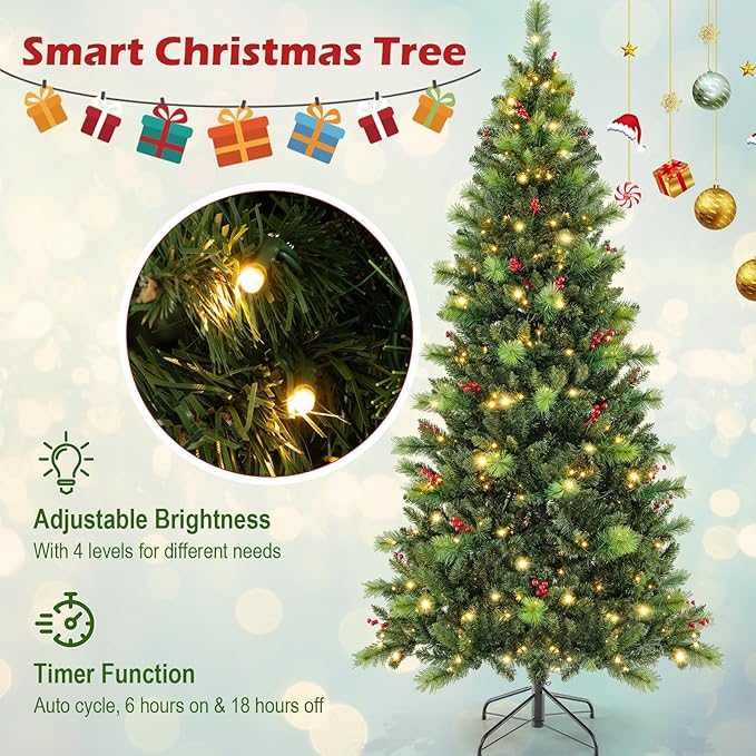 HOMGX 7ft Pre-Lit Christmas Tree with 400 Multi-Color LED Lights, Hinged Xmas Pine Tree w/ 974 PVC Branch Tips, 36 Red Berries, Remote & Timer, 9 Lighting Modes Artificial Christmas Tree