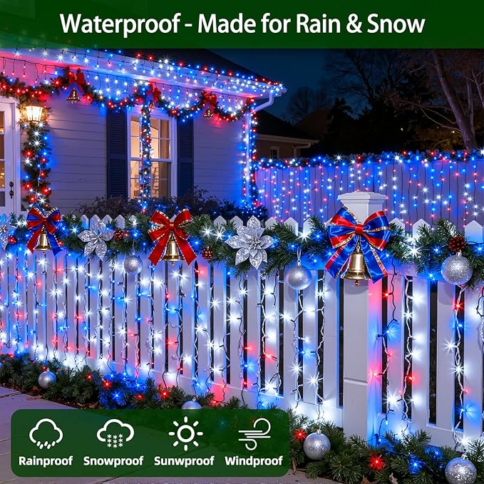 300LED Christmas Lights Outdoor Indoor Use, 12 Lighting Modes 75ft Christmas Tree Lights with Timer, Dimmable Plug in Red White and Blue LED StringLights Waterproof for Yard Tree Wedding Party Holiday