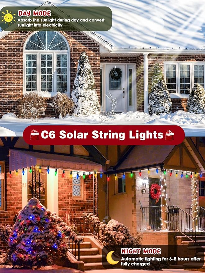C6 Solar Christmas Lights Outdoor, 100 LED 40FT Christmas Decorations Outdoor Waterproof, Solar String Lights for Outside with 8 Modes, Fairy Twinkle Light for Tree Garden Yard Xmas Decor (Multicolor)