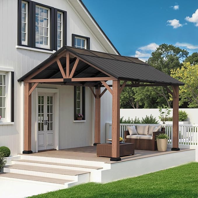 Macrout 13'x15' Hardtop Gazebo with Gabel Roof Canopy and Aluminium Frame, Outdoor Grill Gazebo Pergola for Patio, Backyard and Party, 4967 (Gable Roof + Brown Frame, 13'x15')