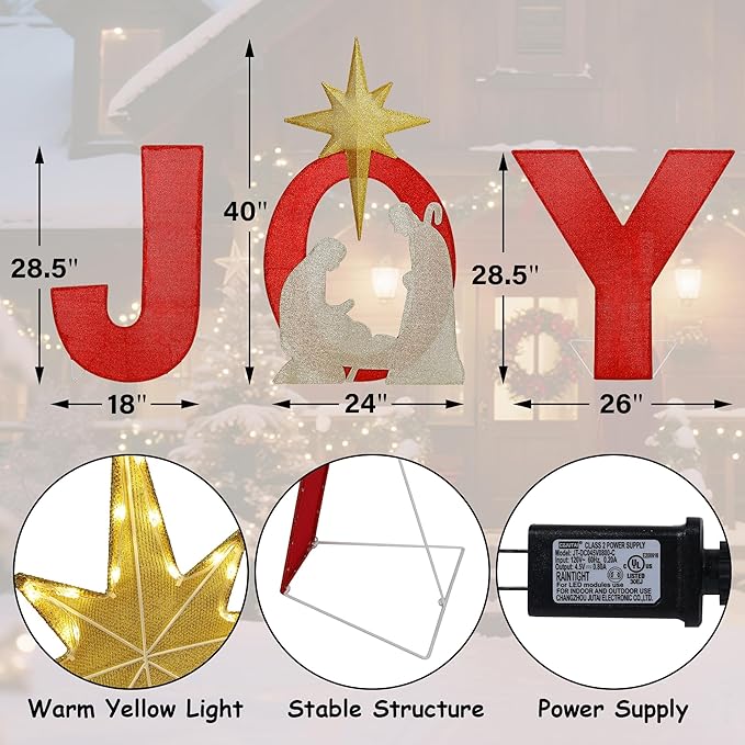 Prsildan 3.3FT x 2FT Christmas Decorations Outdoor- Lighted Joy Yard Sign, Outdoor Nativity Scene Set with 250 LEDs, Outside Christmas Decor for Porch, Lawn