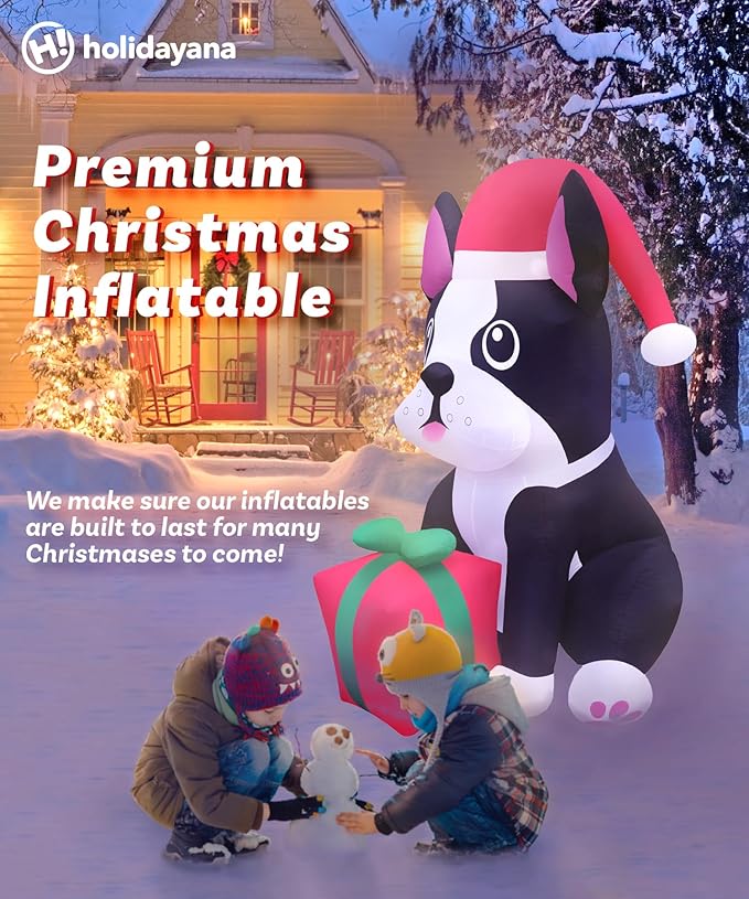 Holidayana Christmas Inflatables Large 5ft Tall Boston Terrier Dog with Gift - Inflatable Outdoor Christmas Decorations Blow Up X-mas Decorations for Yard, Lawn & Garden Internal Lights & Built-in Fan