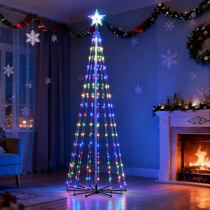 JOIEDOMI LED Christmas Cone Tree Lights, 6FT Outdoor Lighted Tree with 8 Lighting Modes & Star Topper, Christmas Decorations for Yard Porch Patio Garden Holiday Decor, Warm White
