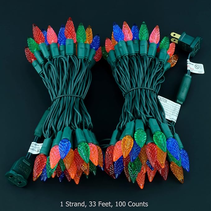 YULETIME Multicolor C6 Strawberry LED Christmas Lights, 33 ft 100 Count 4" Spacing One-Piece High Waterproof UL Certified String Light (Multi-Colored)