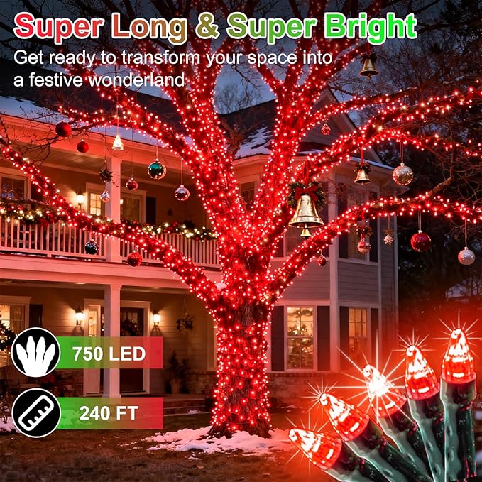 750 LED 240FT Christmas String Lights Outdoor, 12 Pro Modes and Timer Memory & Brightness, Plug in Waterproof Dark Green Wire Twinkle Light for for Xmas Yard Tree Wedding Party Decor (Red)