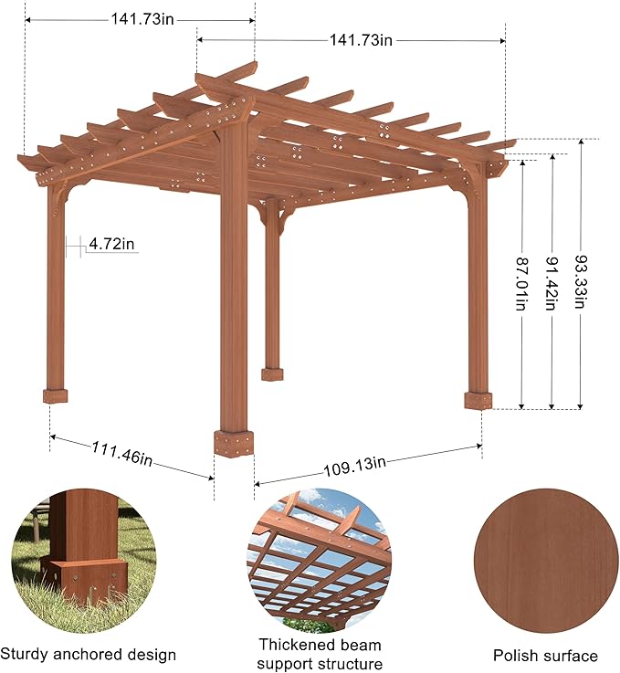 BlueWish 12'x12' Pergola with Solid Fir Wood Frame, Patio Wood Gazebo Backyard Gazebo Pergola Kits with Slatted Roof Trellis & Stakes for Deck Yard Grill Party Garden