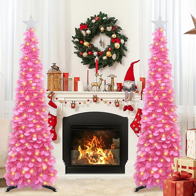 HMASYO 5 FT Pop Up Christmas Tree with Timer Lights, Hot Pink Christmas Tinsel Tree, Collapsible Artificial Pencil Christmas Tree for Indoor Home Apartment Porch Holiday Party Decorations