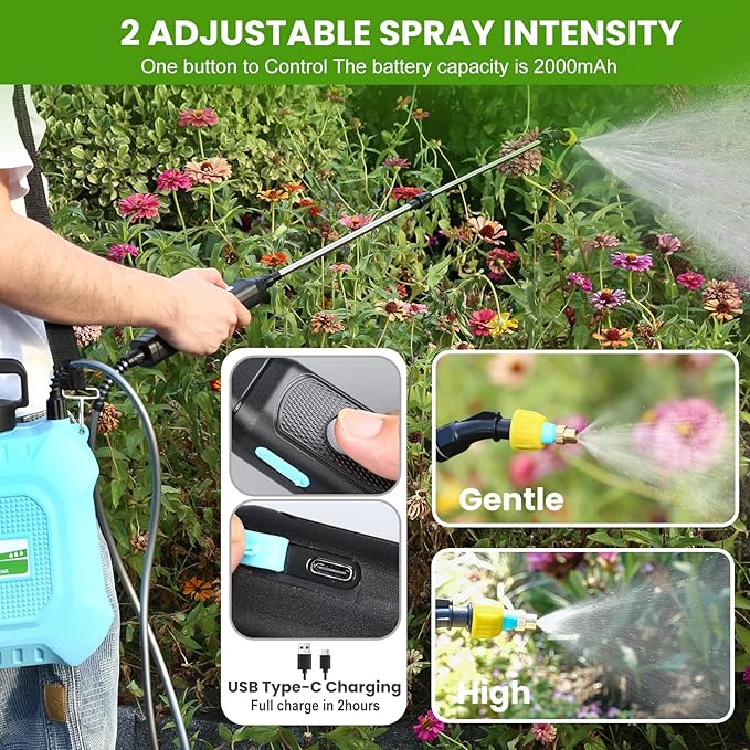 Battery Powered Sprayer 2 Gallon, Electric Sprayer with Retractable Wand & 4 Mist Nozzles & USB Rechargeable Handle, Water Spray Pump Sprayers for Planting Lawn Yard Garden