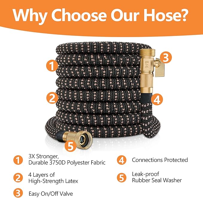 100ft Garden Hose – 2025 Upgarded Expandable Garden Hose w/10 Pattern Thumb Spray Nozzle, 650psi Pure Brass 3/4” Fittings – Lightweight, Durable, and Kink-Free(Black Rose Gold)