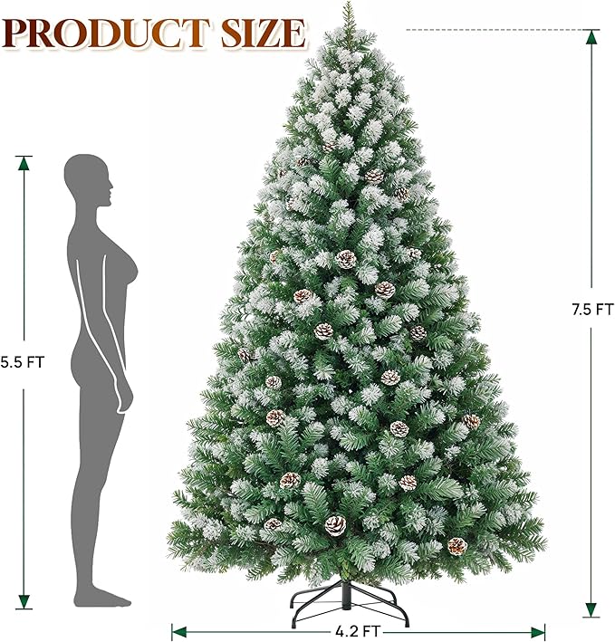 HOLLO STAR 7.5 ft Prelit Christmas Tree with 379 LED Lights, App Control, Artificial Christmas Tree, Multi-Color RGBW Lights, 1476 Flocked Frosted Tips, 86 Pine Cones, Metal Base, for Home, Party