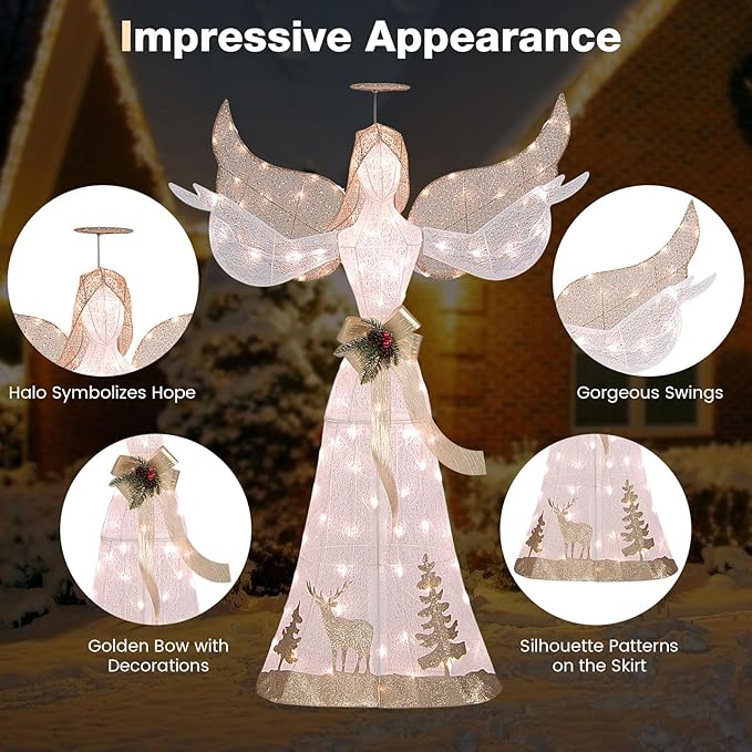 Tangkula 5 FT Lighted Christmas Angel, Outdoor Pre-lit 3D Glittered Angel with 100 Warm White Lights, Halo, Bow, Ground Stakes, Outdoor Christmas Decoration for Lawn Yard Garden
