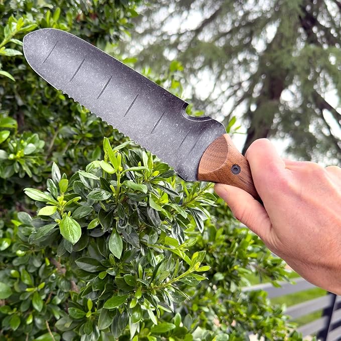 Garden Guru Hori Hori Gardening Knife for Weeding Digging Pruning & Cultivating - Stainless Steel Full Tang Blade | Walnut Wood Handle | Marks for Measuring Planting Depth | Nylon Sheath for Storage
