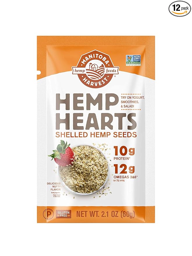 Manitoba Harvest Hemp Seeds, 10g Plant Based Protein & 12g Omega 3 & 6 per Serving, For smoothies, yogurt & salad, Non-GMO, Vegan, Keto, Paleo, Gluten Free, 2.1oz (Pack of 12)