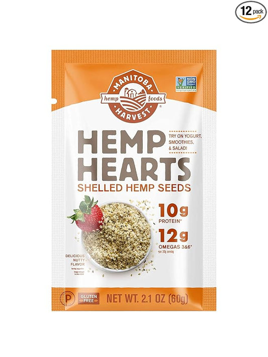 Manitoba Harvest Hemp Seeds, 10g Plant Based Protein & 12g Omega 3 & 6 per Serving, For smoothies, yogurt & salad, Non-GMO, Vegan, Keto, Paleo, Gluten Free, 2.1oz (Pack of 12)