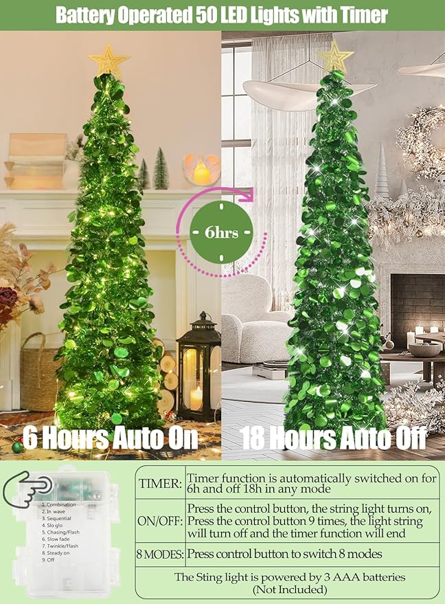 HMASYO 5 FT Pop Up Christmas Tree with Timer Lights, Green Christmas Tinsel Tree, Collapsible Artificial Pencil Christmas Tree for Indoor Home Apartment Porch Holiday Party Decorations