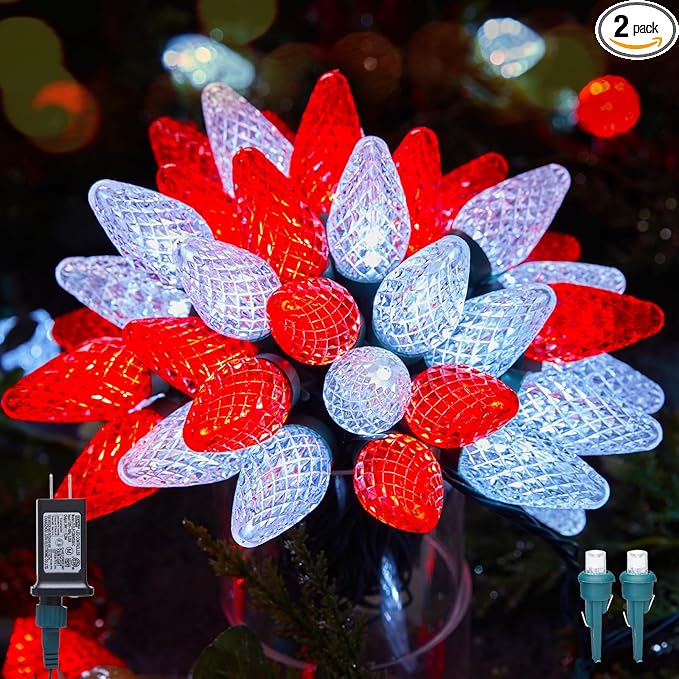 C9 LED Christmas Lights Outdoor, 81 Feet 100 LED String With Timer & 8 Light Mode, Waterproof Commercial Grade Christmas Tree for Outside Indoor Roofline Patio, Red & Pure White 2 Pack