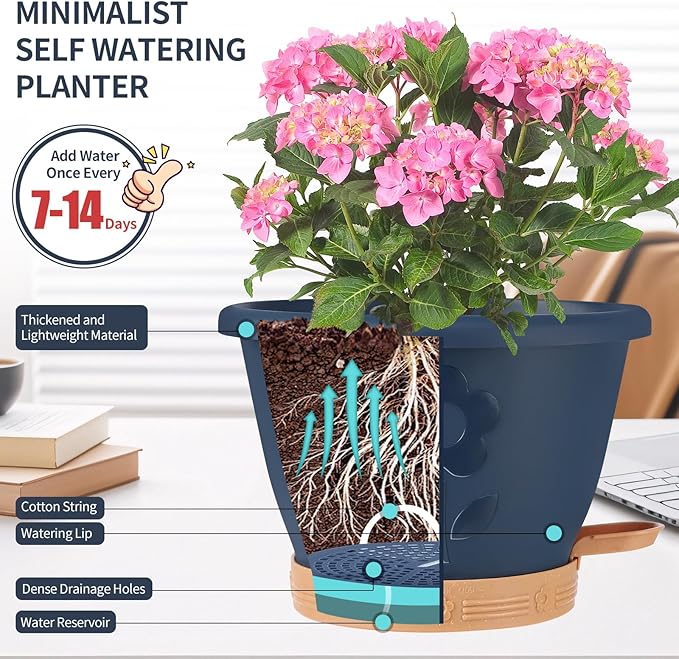 Plastic Plant Pots 10 Inch Set of 4, Self Watering Pots with Drainage Holes, Saucer & Reservoir, Flower Pots for Indoor/Outdoor Plants, Decorative Nursery Planting Pots (Multicolor)