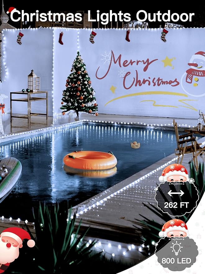 Christmas Lights Outdoor 262 FT 800 LED, Plug-in String Lights for Classroom, Clear Wire 8 Modes LED White String Light, IP67 Waterproof Christmas Tree Lights for Bedroom Indoor Wedding Holiday Decor