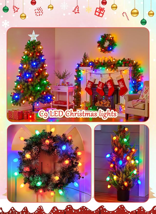 Vintage C9 LED Christmas Lights Outdoor, 100 Feet C9 String Lights with 100 Shatterproof C9 Bulbs, Waterproof Connectable Commercial Christmas Tree Lights for Outside Roofline Patio Decor, Multicolor