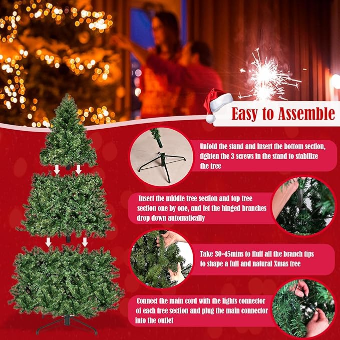 ERGOMASTER 7.5FT Pre-lit Artificial Christmas Tree with Lights, Fake Green Xmas Tree with 1346 Hinged Branch Tips, 400 LED Warm White Incandescent Lights & Foldable Metal Stand for Holiday Home Party
