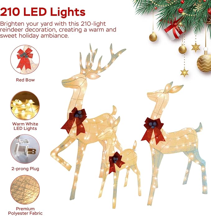Outdoor Christmas Deer Decor 3-Piece Set, 5 FT Large Reindeer Family (Buck/Doe/Fawn) with 210 Warm White LEDs, Cotton Twine & Iron, Weatherproof Holiday Lights for Yard, Garden, Party, White