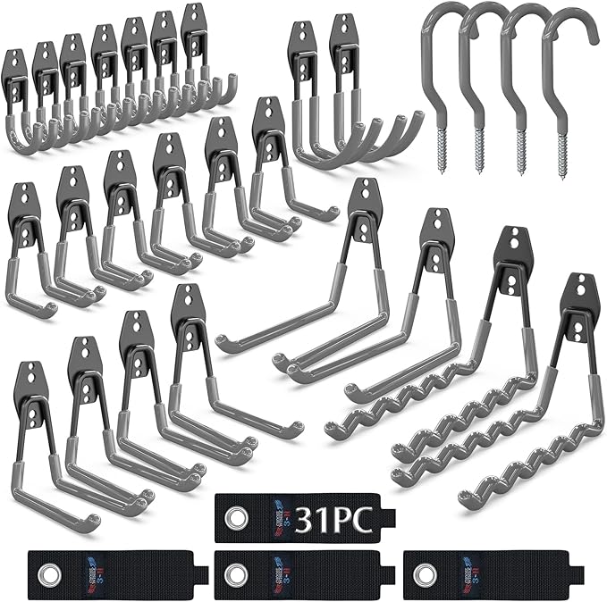 3-H Garage Wall Hooks 31 Pack, Garage Hooks Heavy Duty with Extra Welding Spots, Garage Organizer for Garden, Lawn, Yard Tools, Chairs, Ladders, Weed Eater, Shovel, Blower(Gray)