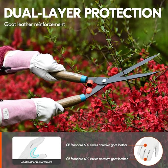 Vgo... 1-Pair Premium Genuine Goat Leather Extra-Long Cuff Thornproof Gardening Gloves (Size M, Pink White, GA1013)