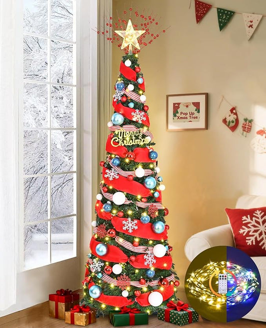 Dolicer 6FT Pop Up Artificial Christmas Tree with Lights & Remote, Collapsible Easy Christmas Tree with 200 Warm White & Colorful LED Lights, Foldable Xmas Tree for Small Space