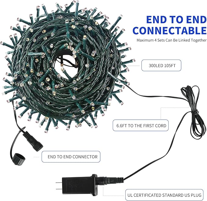 105FT 300LEDs Christmas Lights Outdoor Indoor 8 Modes for Christmas Tree Party Decoration, 100% UL Listed (Blue, 105 FT)