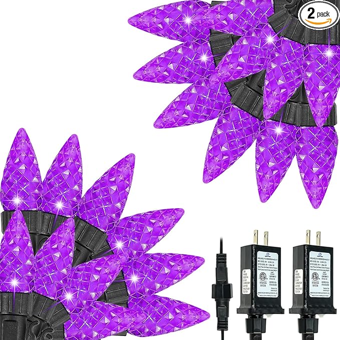 2 Pack C6 Halloween Lights Outdoor Indoor, Total 200 LED 66 FT Connectable Halloween String Lights with Timer & 13 Modes, Waterproof Twinkle Light for Porches Tree Horror Party Decorations (Purple)