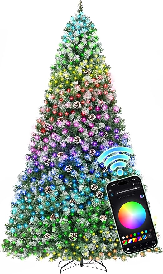 HOLLO STAR 9 ft Prelit Christmas Tree with 549 LED Lights, App Control, Artificial Christmas Tree, Multi-Color RGBW Lights, 2400 Flocked Frosted Tips, 115 Pine Cones, Metal Base, for Home, Party