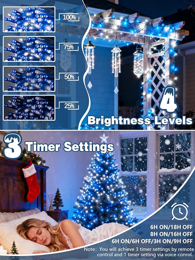 Voice Controlled Christmas Lights with Remote, 99 FT 300 LED String Lights Indoor Outdoor with 12 Modes 3 Timers, Dimmable Twinkle Light Plug in Waterproof for Xmas Tree Party Decor, White and Blue