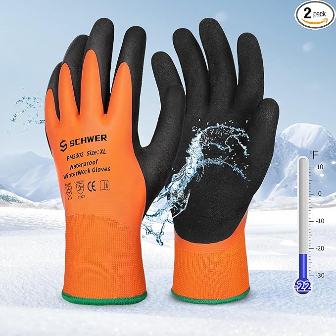 Schwer 2 Pairs Waterproof Winter Work Gloves, ANSI A2 Cut Resistant Freezer Gloves for Outdoor Cold Weather Keep Hands Warm, Thermal Insulated Gloves for Shoveling Snow, Ice Fishing, Super Grip, XL