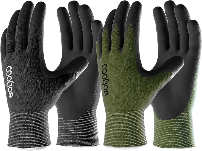 COOLJOB Gardening Gloves for Men, 6 Pairs Breathable Rubber Coated Garden Gloves for Weeding Landscaping, Outside Work Gloves for Lawn Yard, Men’s Medium Size, Black & Green (Half Dozen M)