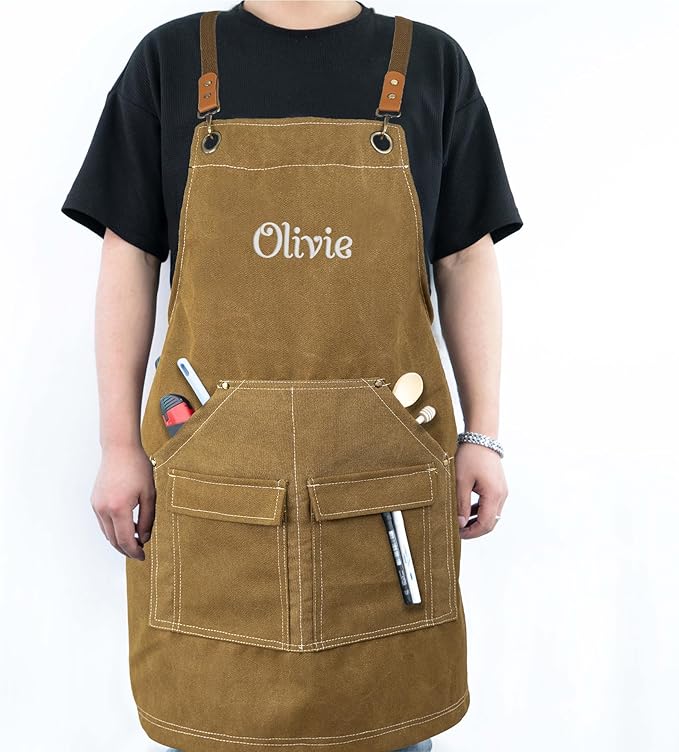 Personalized Chef Aprons for Men Women Canvas Cross Back Heavy Duty Work Apron for Coffee Shop Bartender Bistro Woodworking