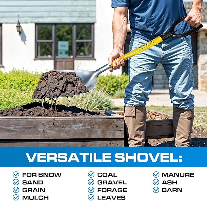Plexon Metal Scoop Shovel 15" Blade - Aluminium Steel Snow Shovel for Driveway - Heavy Duty Snow Shovel for Car - Fiberglass Handle & Plastic D-Grip - Outdoor Garden Yard, 48" Length