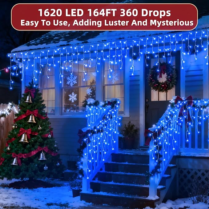 1620 LED Christmas Lights Outdoor 164 FT with 360Drops, Christmas Decorations Hanging Lights 12 Modes, Dimmable Outsite Fairy String Lights for Wedding Party Holiday Winter Wonderland Decor Blue