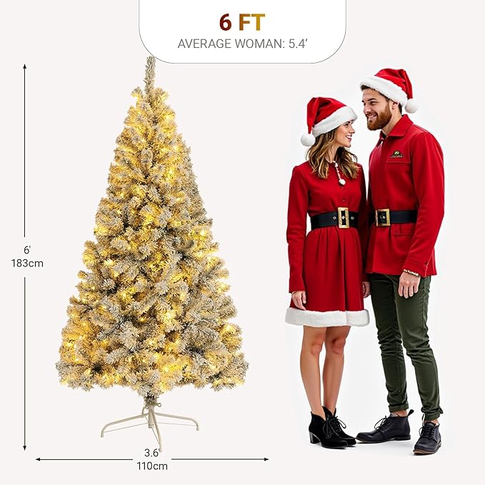6FT Flocked Green Artificial Christmas Tree with 250 Warm White LED Lights – Pre-Lit Snow Tipped Full Tree for Indoor Holiday Home, Apartment, Living Room, Office, Winter Décor