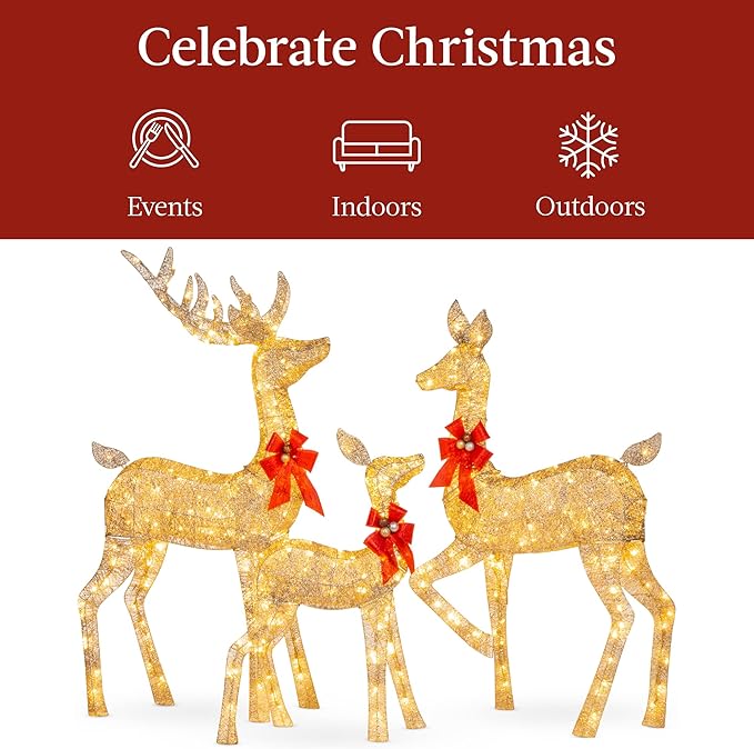 Best Choice Products 3-Piece Large Lighted Christmas Deer Family Set 5Ft Outdoor Yard Decoration with 360 LED Lights, Stakes, Zip Ties - Gold