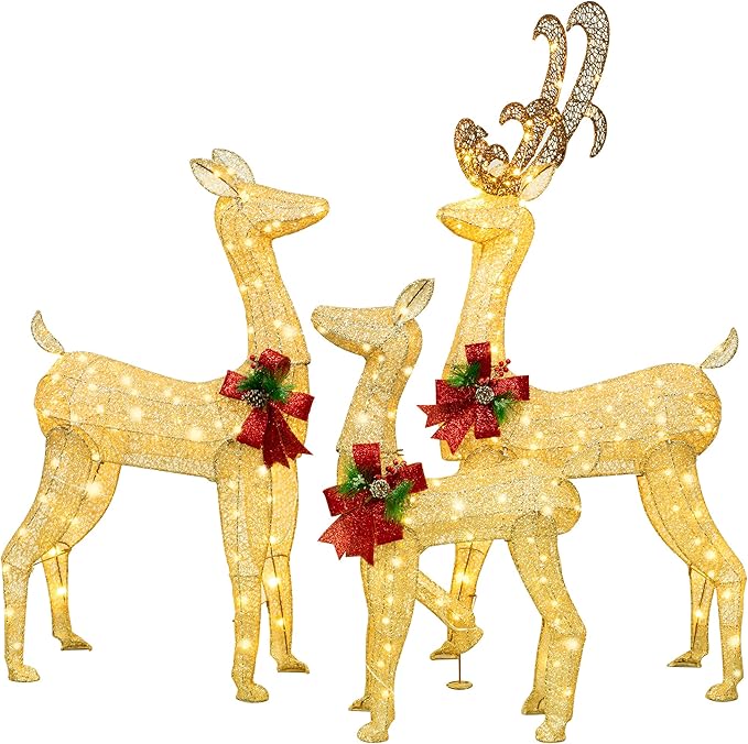 Shintenchi 3-Piece LED Lighted Christmas Deer Outdoor Yard Decorations, 3D Super Large Christmas Reindeer Decor, Outdoor Lighted Holiday Deer with 360 LED Displays for Front Yards Garden Lawn Patio