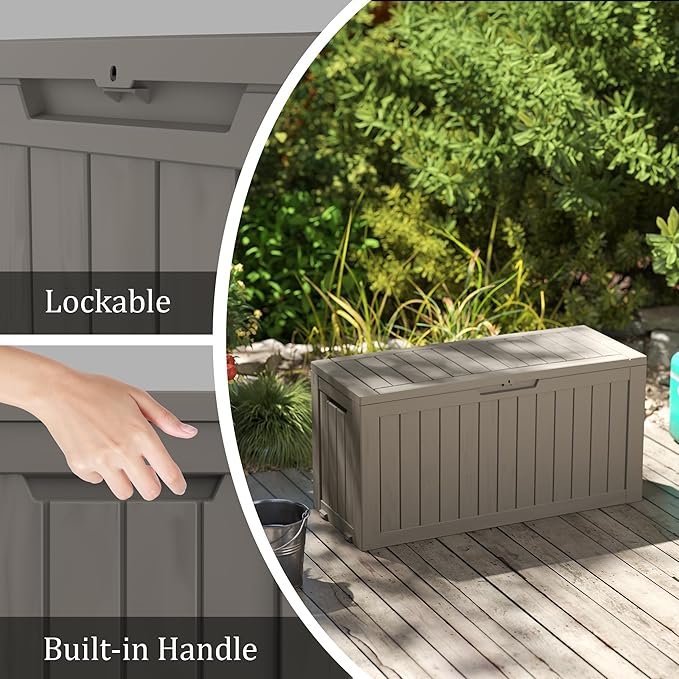 90 Gallon Outdoor Cushion Storage - Waterproof Deck Boxes for Outdoor, Space-Saving Deck Box with Lock for Patio/Pool Accessories, UV-Resistant Resin, Granite Grey